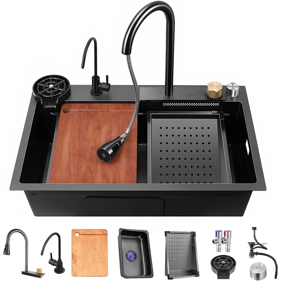 33 x 22 Inch Nano Black Stainless Steel Kitchen Sink with Pull-Down Faucet