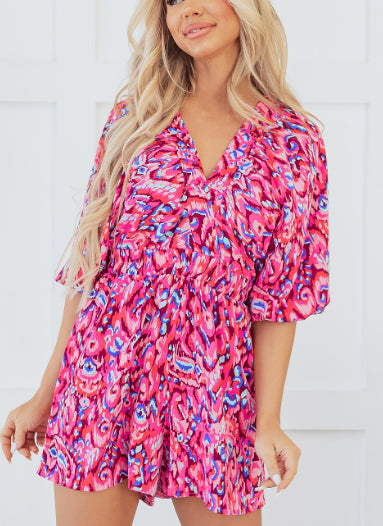 Abstract Print V-Neck Puff Sleeve High Waist Romper