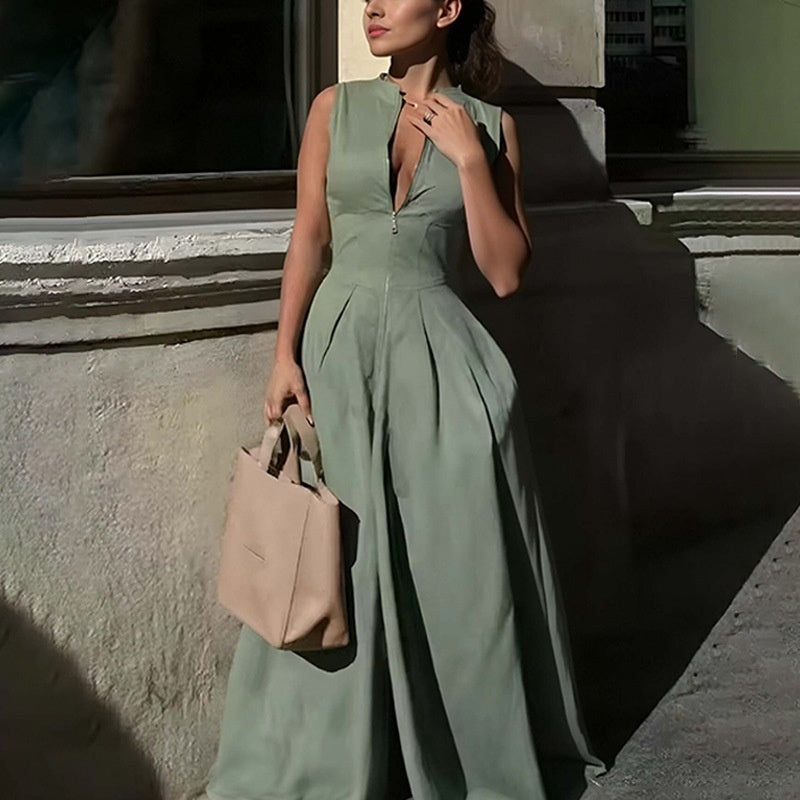 Elegant Solid Zippered Sleeveless Patchwork Jumpsuit