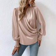 V-neck Pleated Lantern-sleeve Solid-color Blouse For Womenelegant And Professional