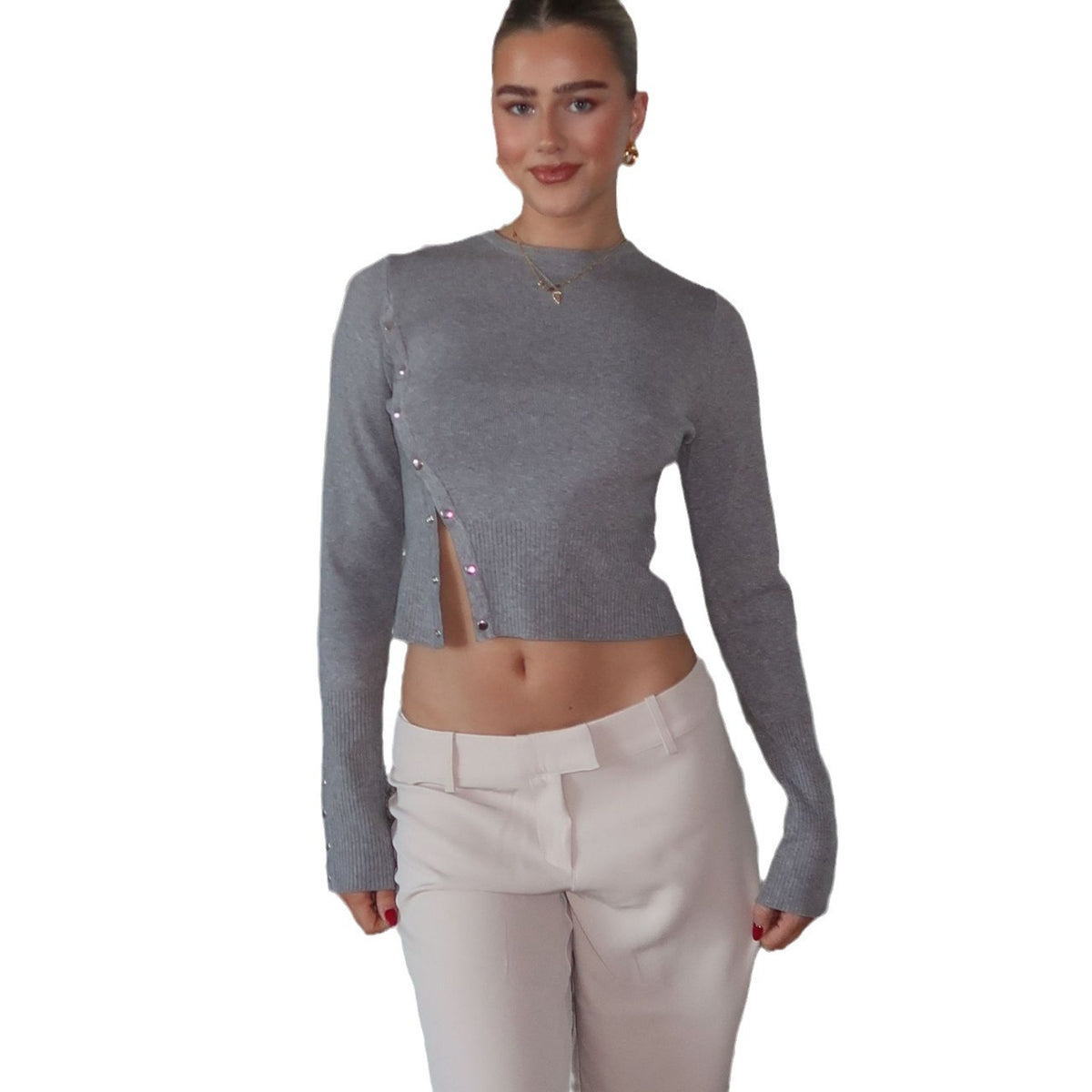 Women's Irregular Button Split Knit Sweater Street Fashion Pullover Top