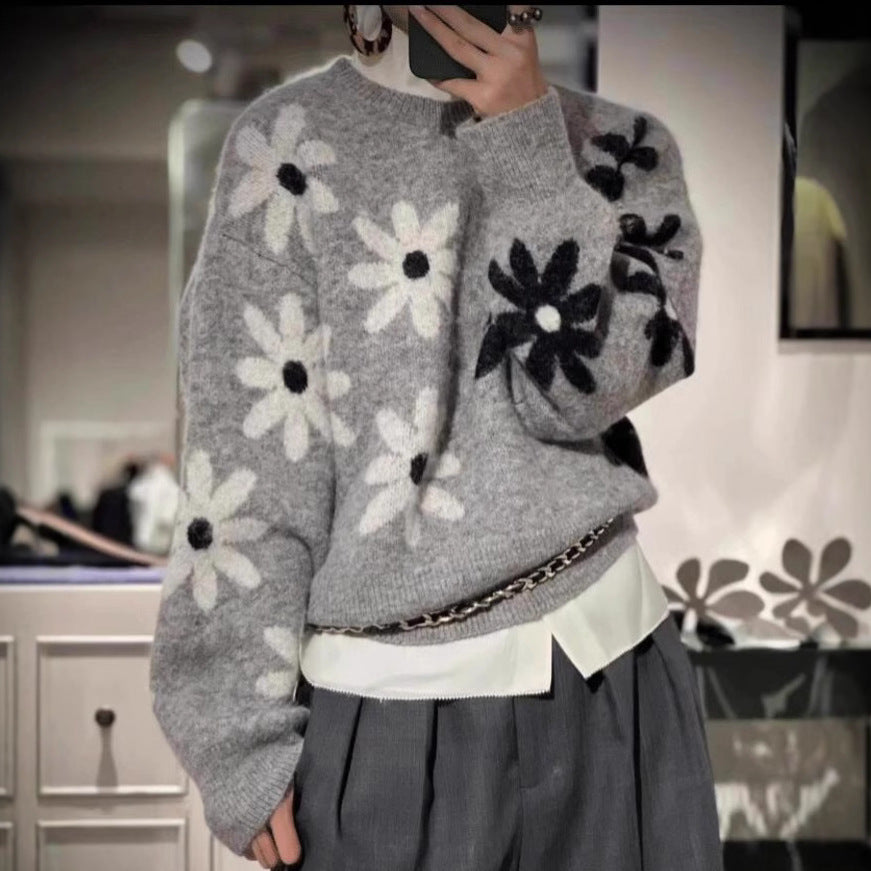 Round Neck Flower Western Style Soft Glutinous Loose and Lazy Style Pullover Sweater