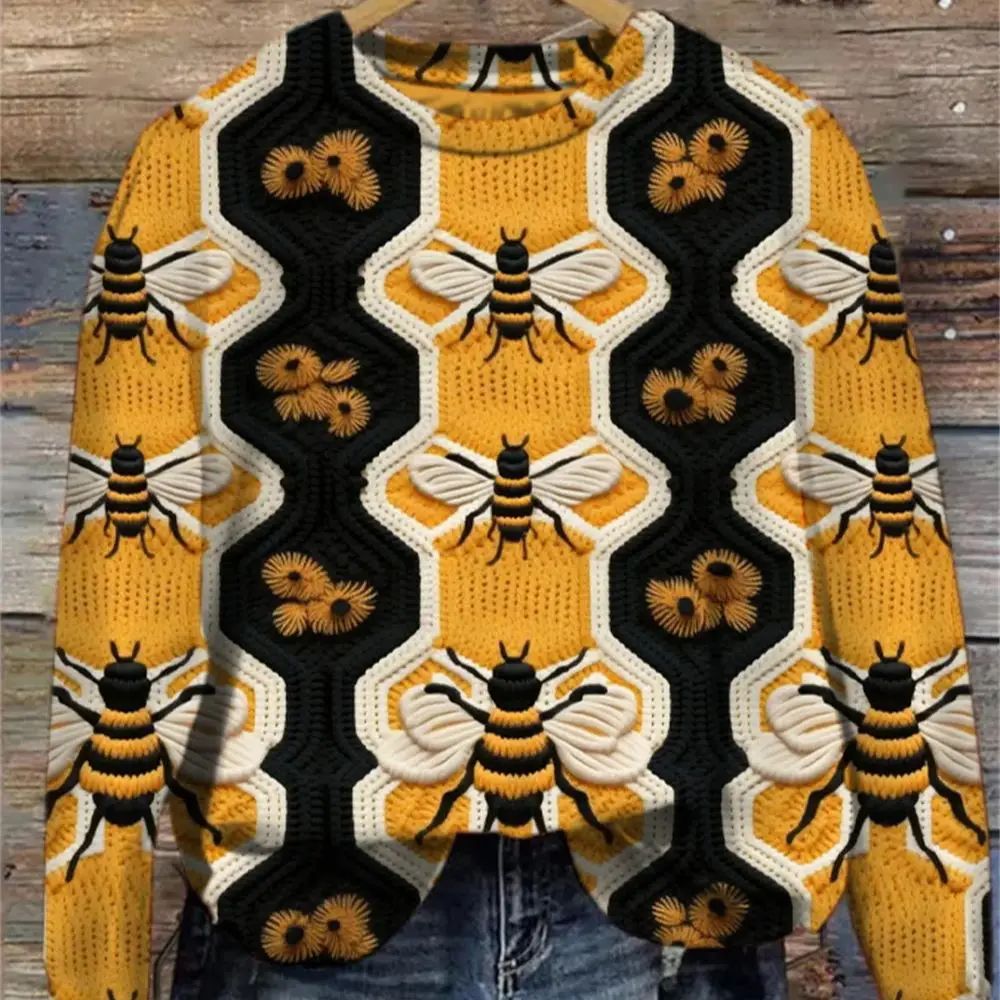 Chunky-knit Faux-sweater with Digital Print and Round Neckline