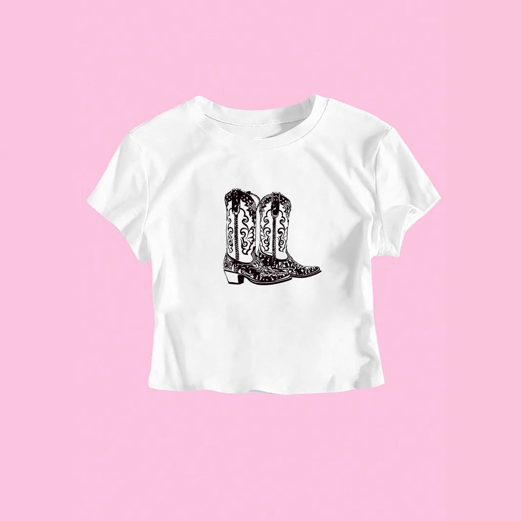 Flirty Midriff‑Baring Short‑Sleeve Tee – Trendy Cowboy Print