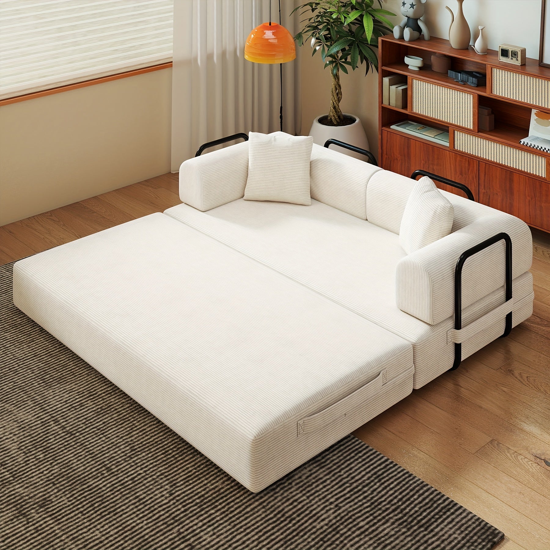 Modular L-shaped chaise longue sofa bed with deep seat and corduroy upholstery