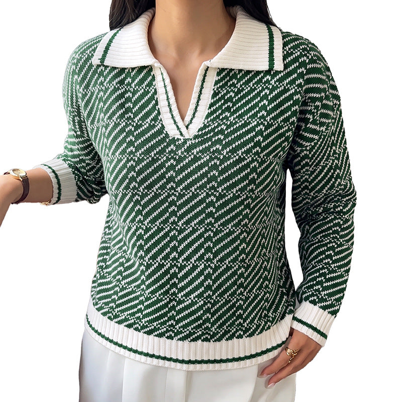 Color-block Polo-collar Loose-fitting Sweater with a Half-placket