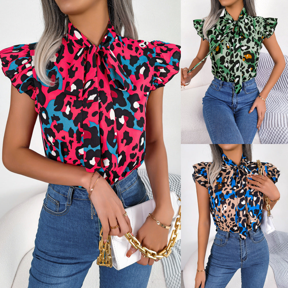 Leopard Print Ruffle‑Trim Chiffon Top – Casual Sleeveless Blouse