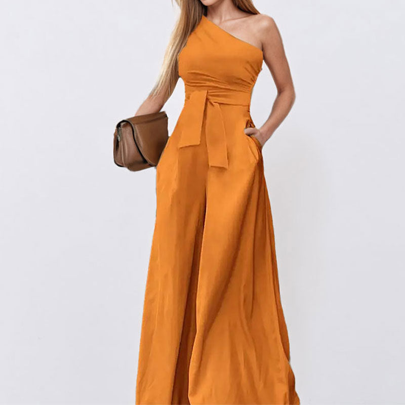Solid Color Straight-leg Pants Strapless Lace-up Jumpsuit For Women