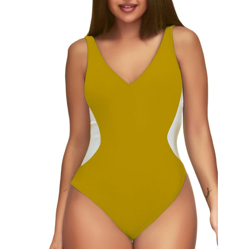 Women's One-piece Deep V Contrast Color Swimsuit