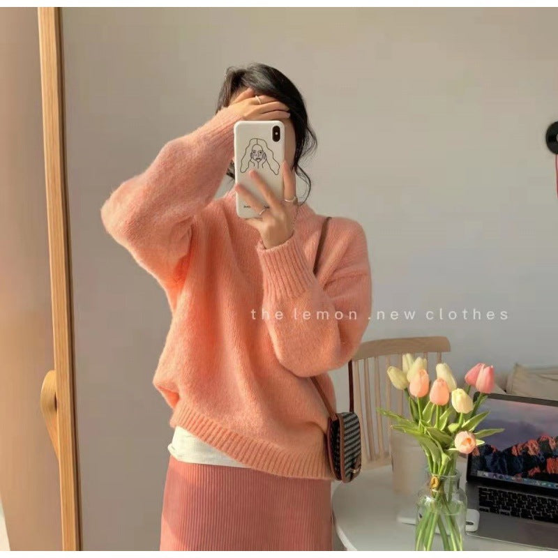 Solid-color Knitted Pullover Sweater for Women Korean Style Autumn Winter