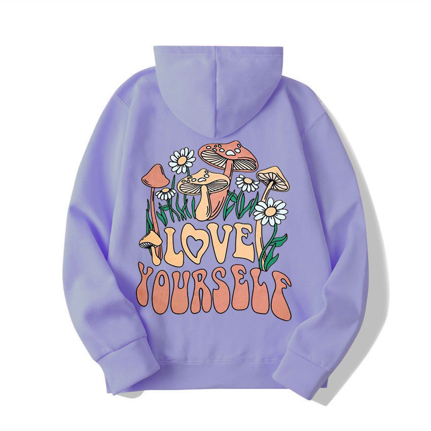 Plus Size Cute Mushroom Slogan Cozy Pullover Hoodie