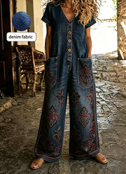 Casual Denim Short-Sleeve Wide-Leg Jumpsuit with Pockets