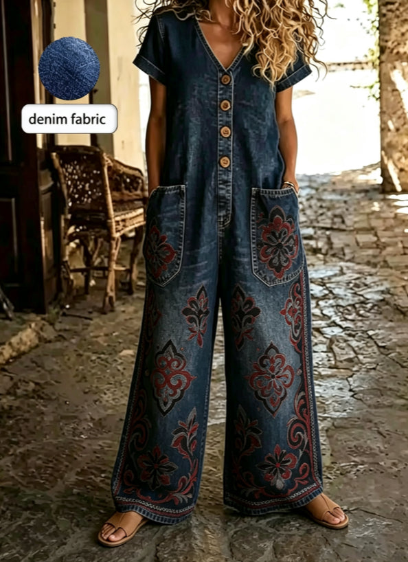 Casual Denim Short-Sleeve Wide-Leg Jumpsuit with Pockets