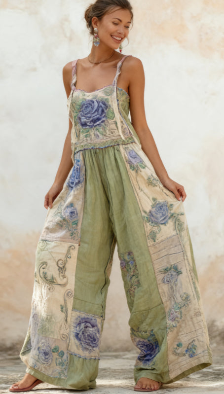 Bohemian Style Rose Embroidered Floral Patchwork Jumpsuit