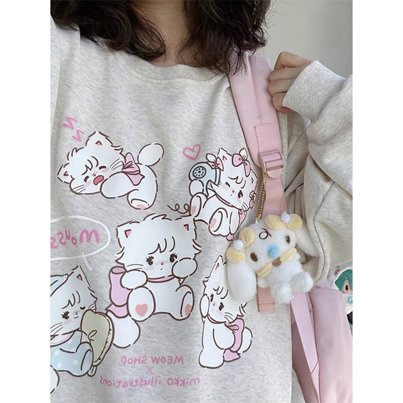 Cute Cartoon Fleece-Lined College Style Sweatshirt