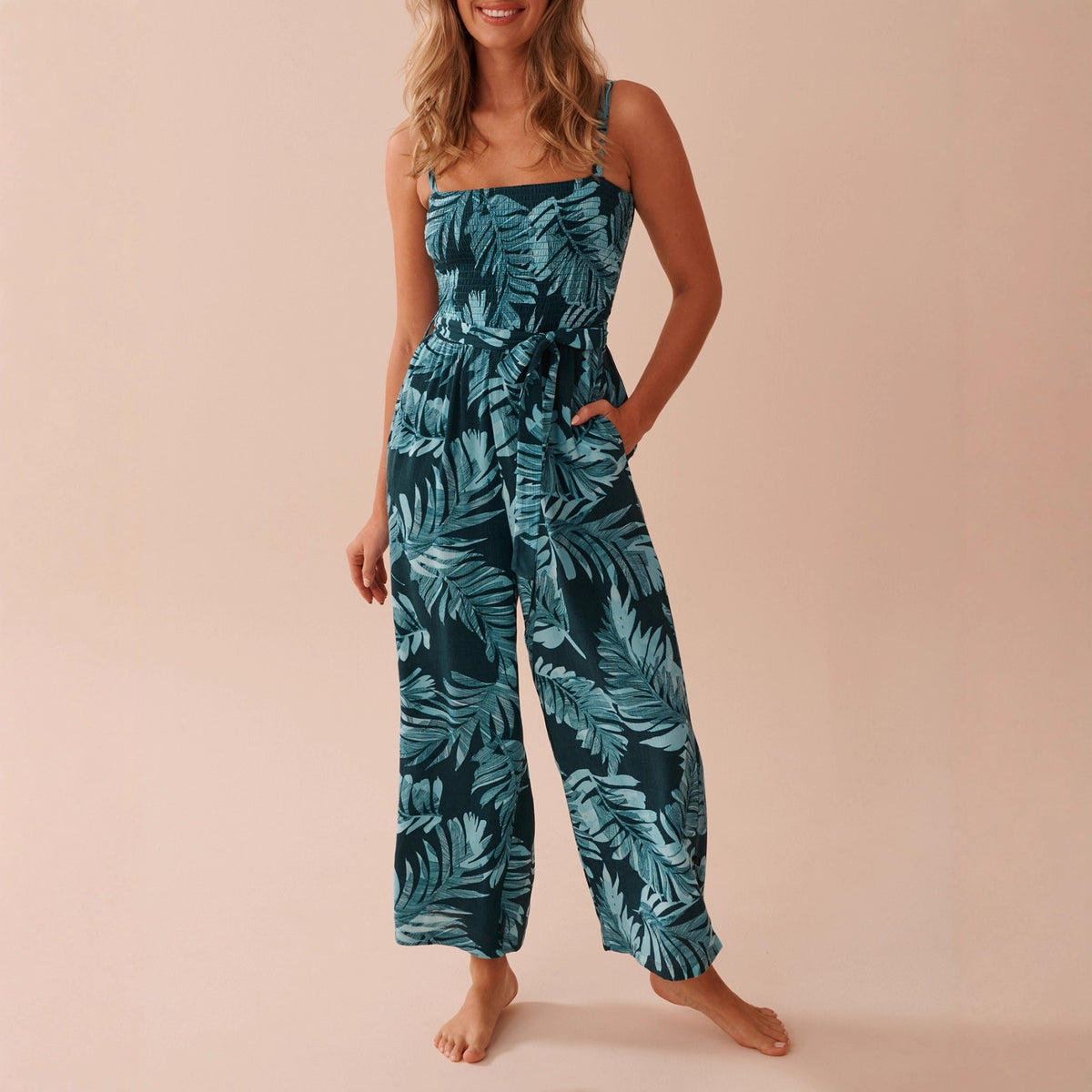 Printed Suspender Straight-Leg Jumpsuit