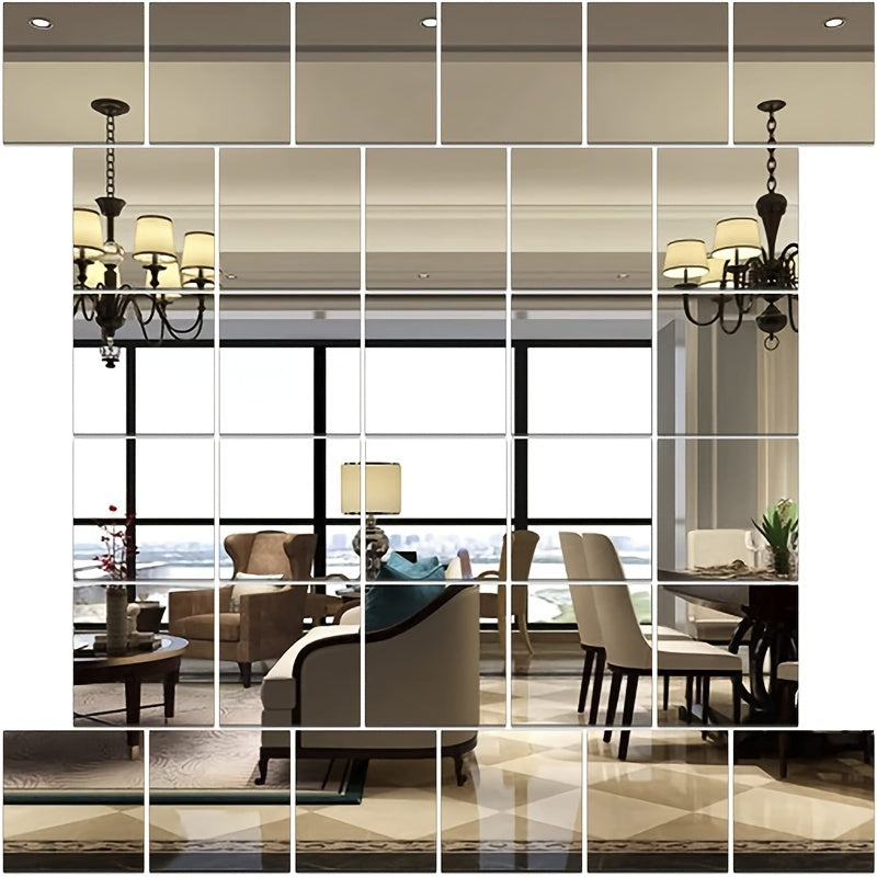 32pcs Flexible Safety Mirror Acrylic Mirror Tiles 5.9X5.9In Square Mirror Silver Mirror Panel for Home Wall Decoration Removable Wall Stickers