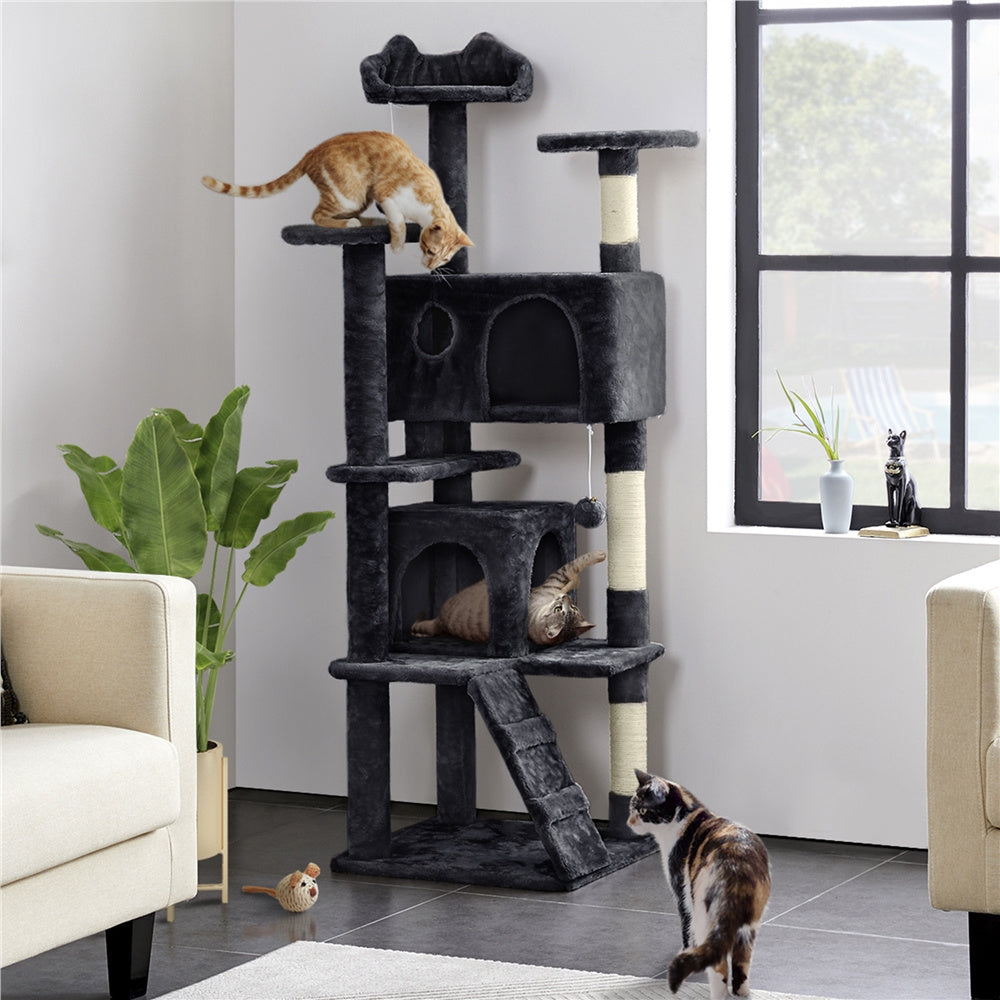 Costoffs Cat Tree 54In/70In/62In Cat Tower Condo With 2 Condos & 2 Dangling Balls & 3 Scratching Posts Large Cat House Halloween Cat Furniture For Kittens & Cats, Dark Gray/Light Gray/Beige/Black/P...