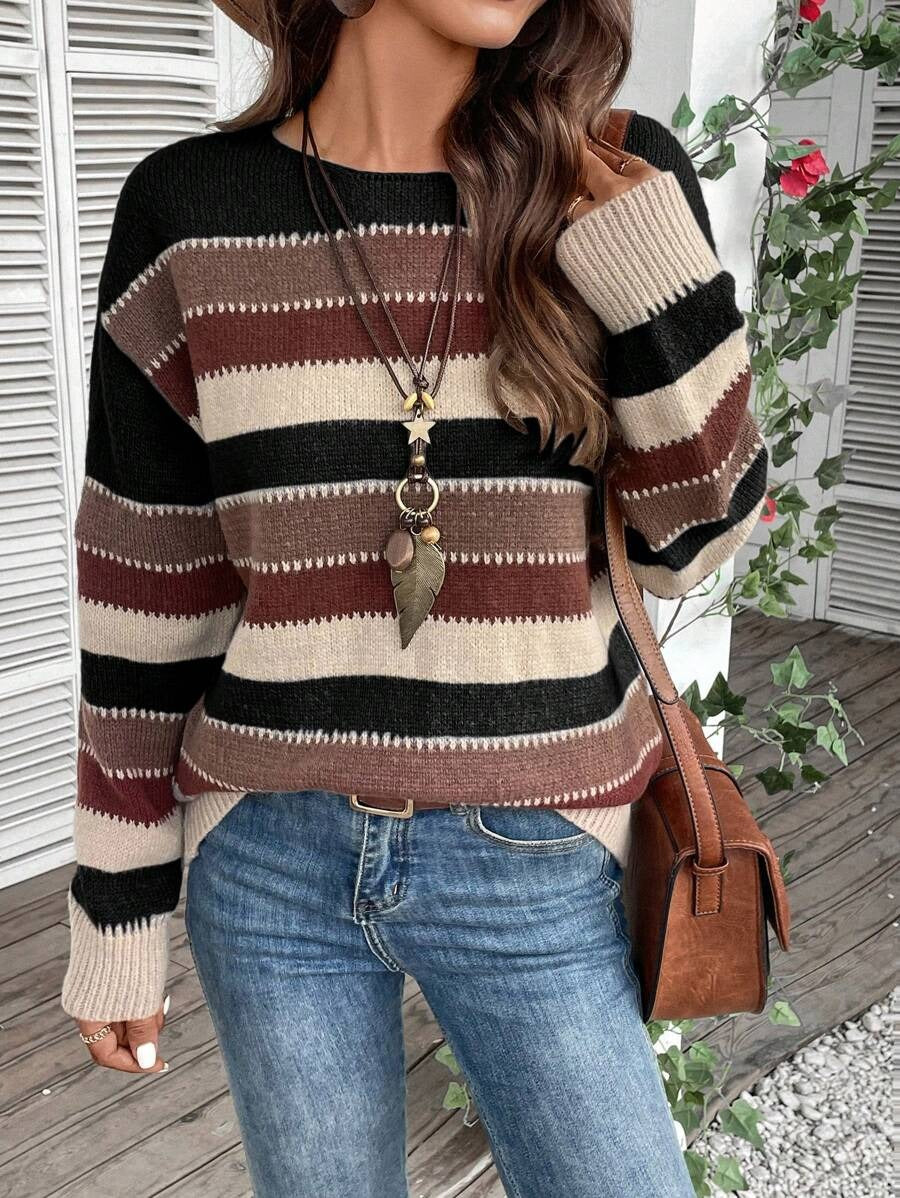 Ins Colorblock Striped Pullover Sweater Fashion Casual Long Sleeve Top Autumn and Winter Women's Clothing