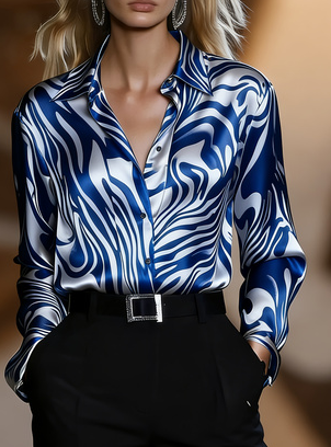 Urban Luxury Style Satin Collar Long-sleeved Shirt For Women