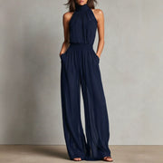 Womens Chiffon Spliced Sleeveless High-Neck Backless Wide-Leg Jumpsuit