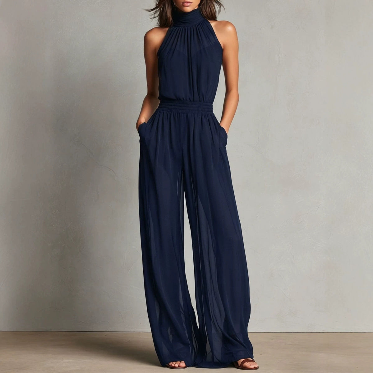 Womens Chiffon Spliced Sleeveless High-Neck Backless Wide-Leg Jumpsuit