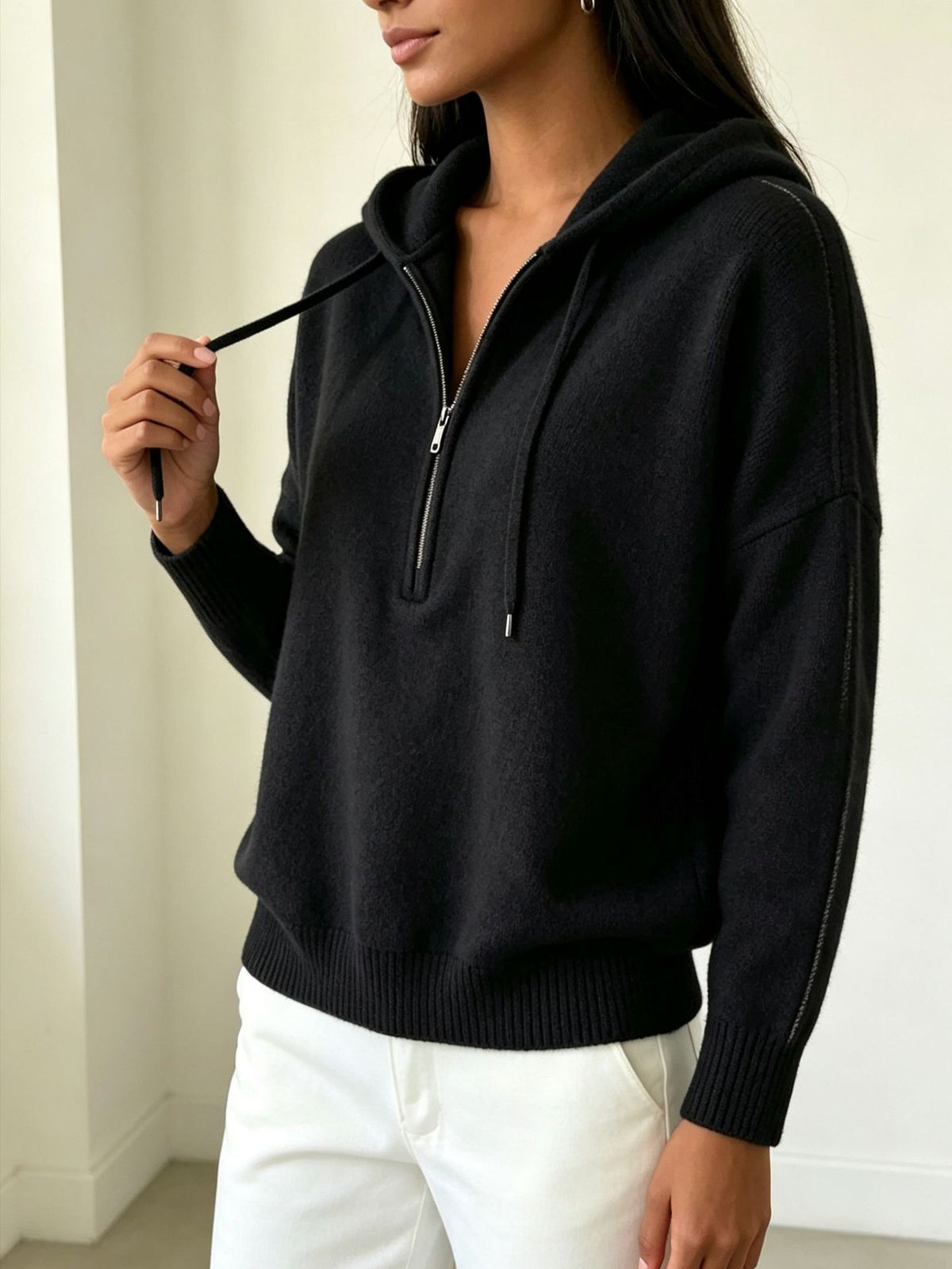 Womens Solid-color Loose-fit Sweater with Drawstring