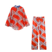 Chic Bowknot Printed Shirt & Pajama Pants Lounge Set