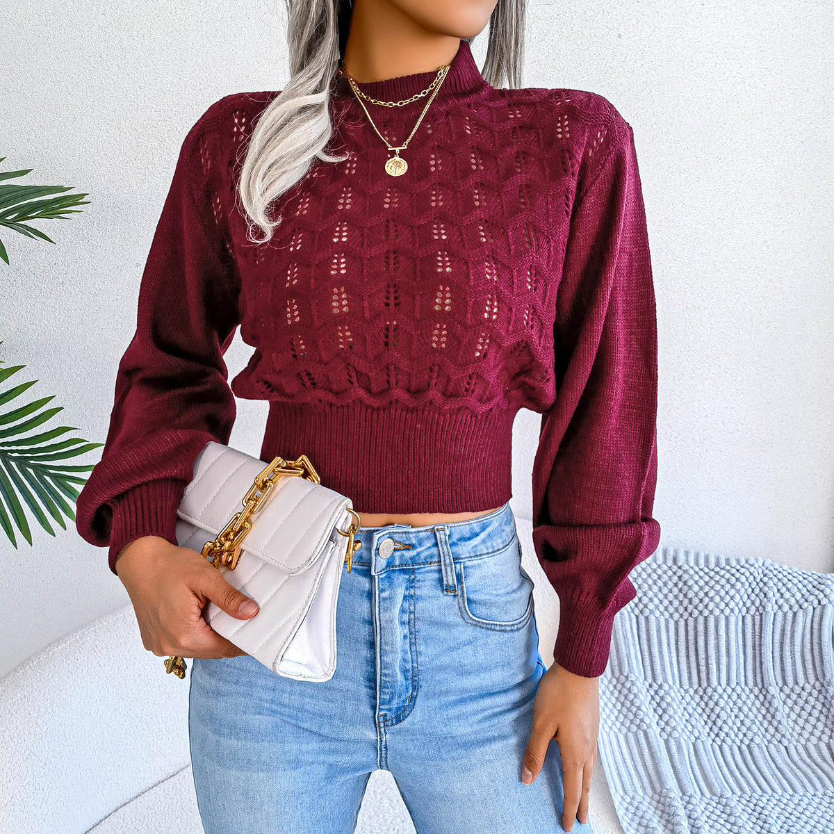 Women Street Style Solid Color Hollow Stripe Lantern Sleeve Cropped Sweater