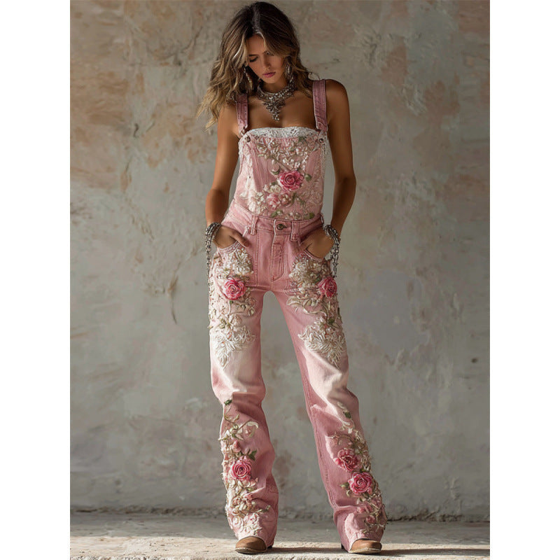 Women's Printed Loose-Fit Denim Suspender Jeans