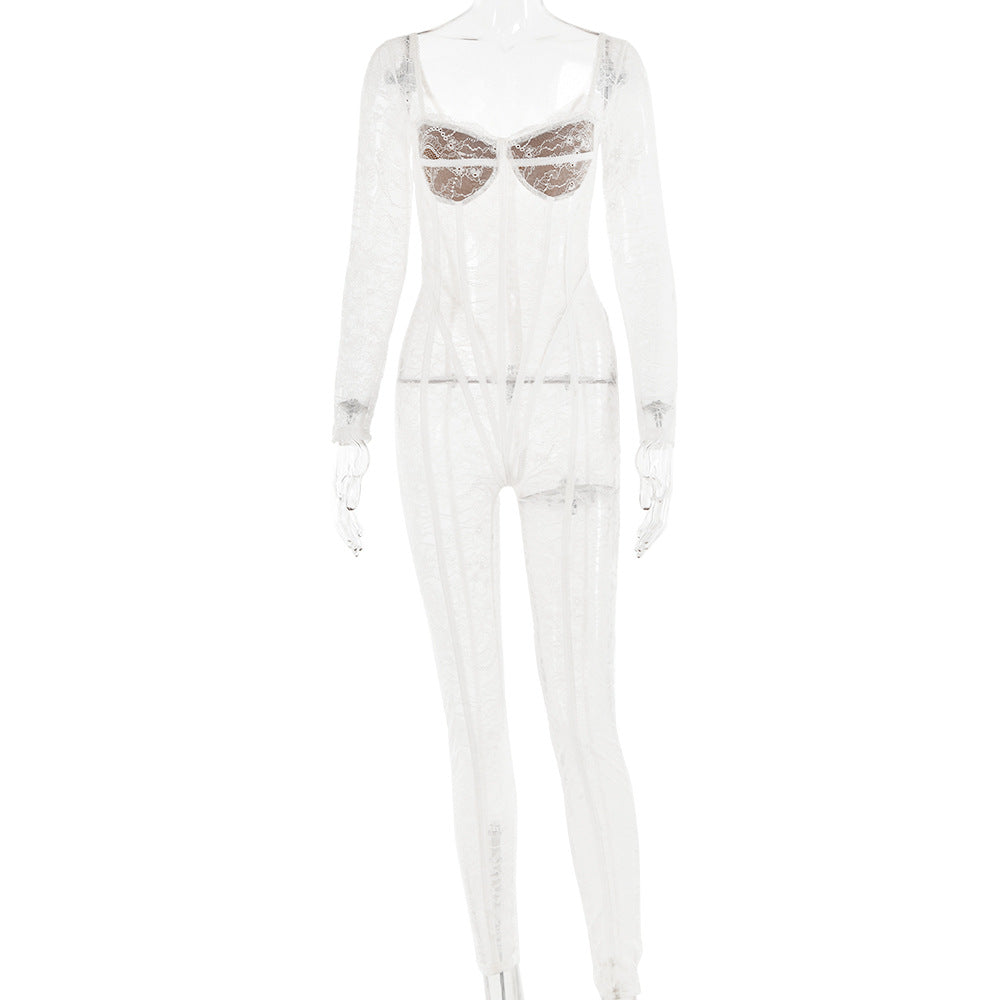 Lace Stitching Sexy Temptation Low-cut Jumpsuit