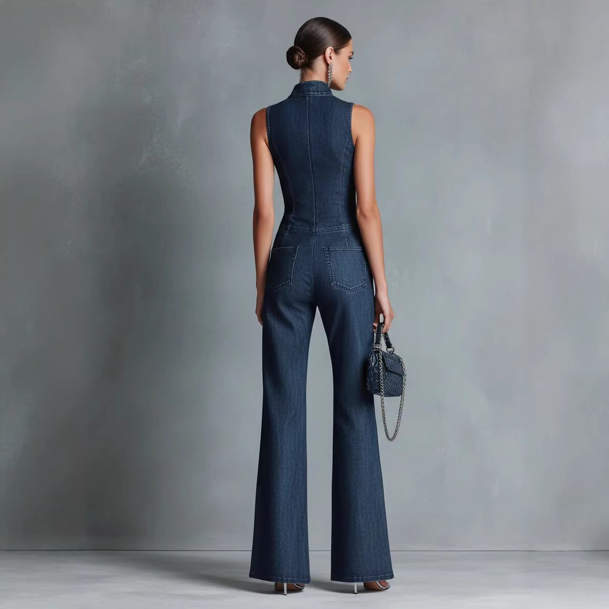 Retro Dark Blue Front-Zip Slim Denim Jumpsuit