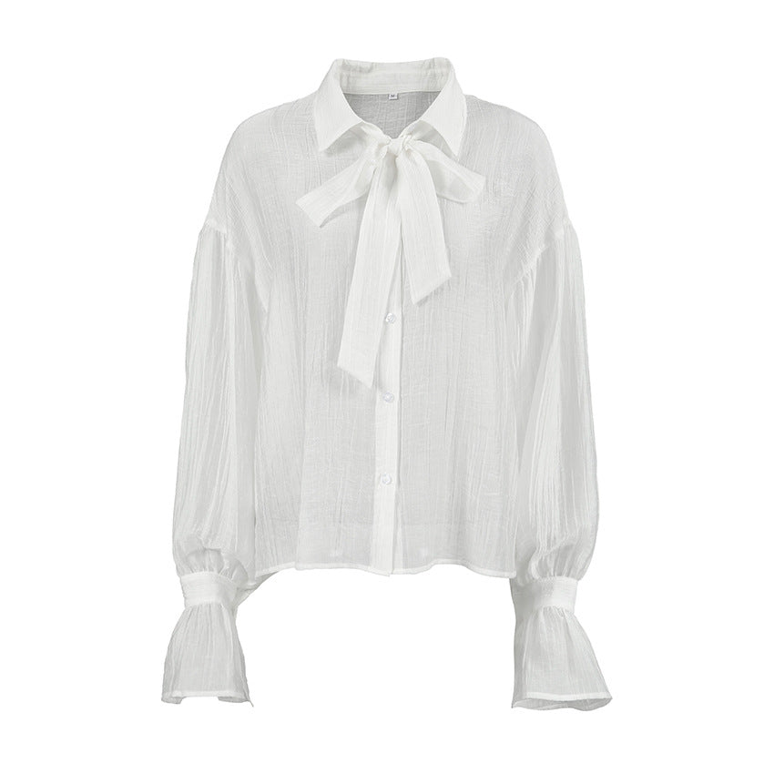 Bow Tie See-through Crepe Bell Sleeve Shirt