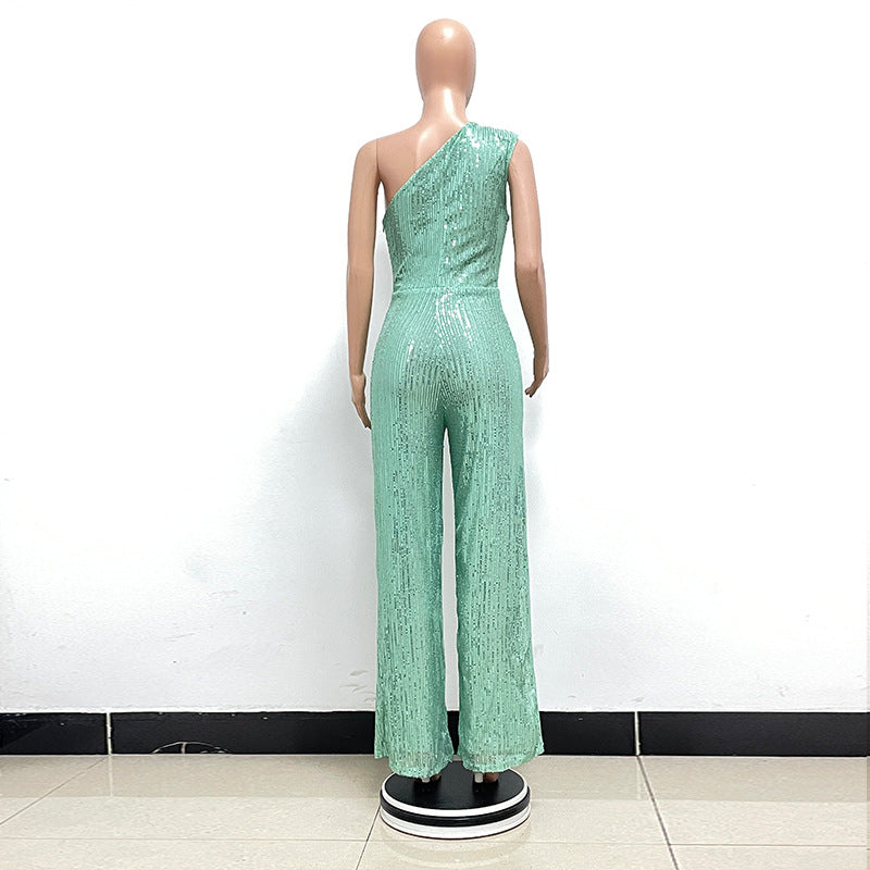 Glamorous One-Shoulder Sequined Wide-Leg Jumpsuit