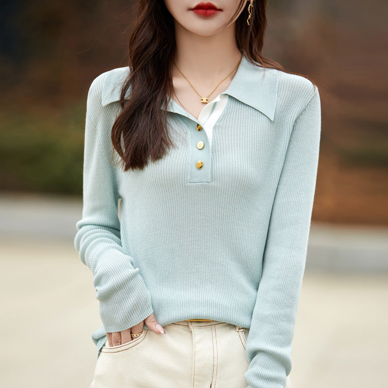 Spring Color Stitching Turnover Neck Design Women's Tencel Sweater
