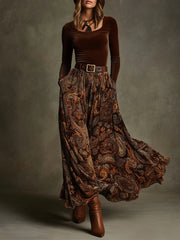 Vintage Velvet Two-piece Maxi Dress - Square Neck Long Sleeve Top & Paisley Print Flowy Skirt Set with Belt