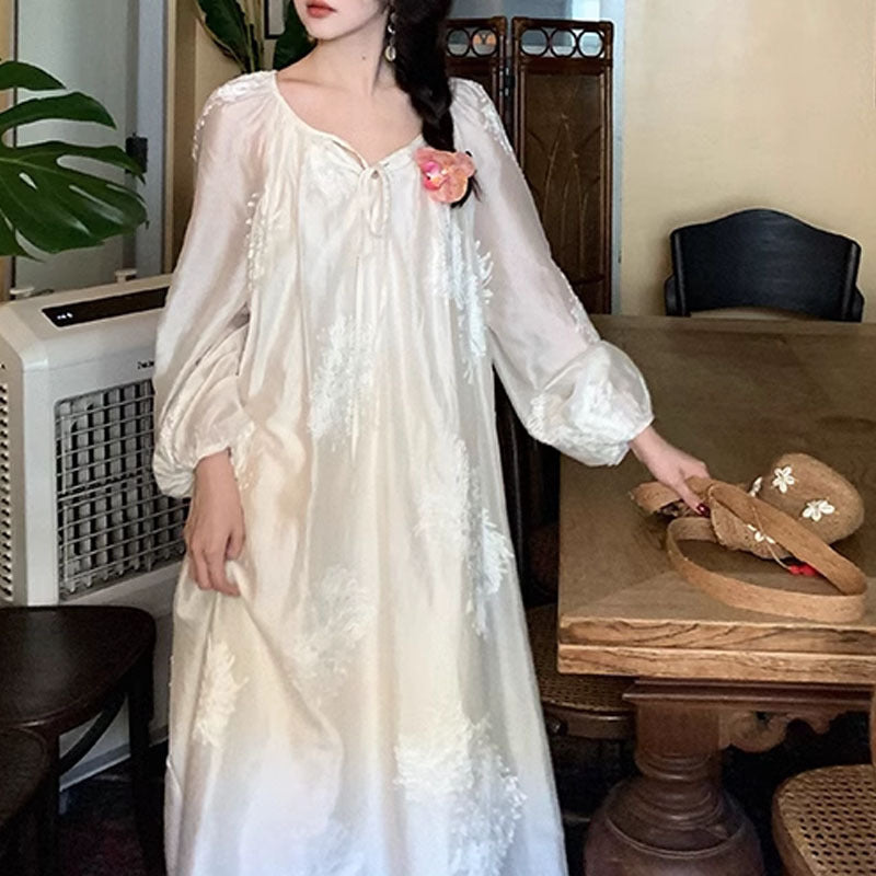 French Vintage Embroidered Lace-Up A-Line Dress