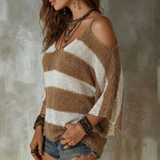 Womens Loose-fit V-neck Color-block Knit Sweater