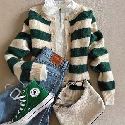Women's Black and White Striped Knitted Cardigan Loose and Lazy Style High-grade Outer Wear Thick Sweater