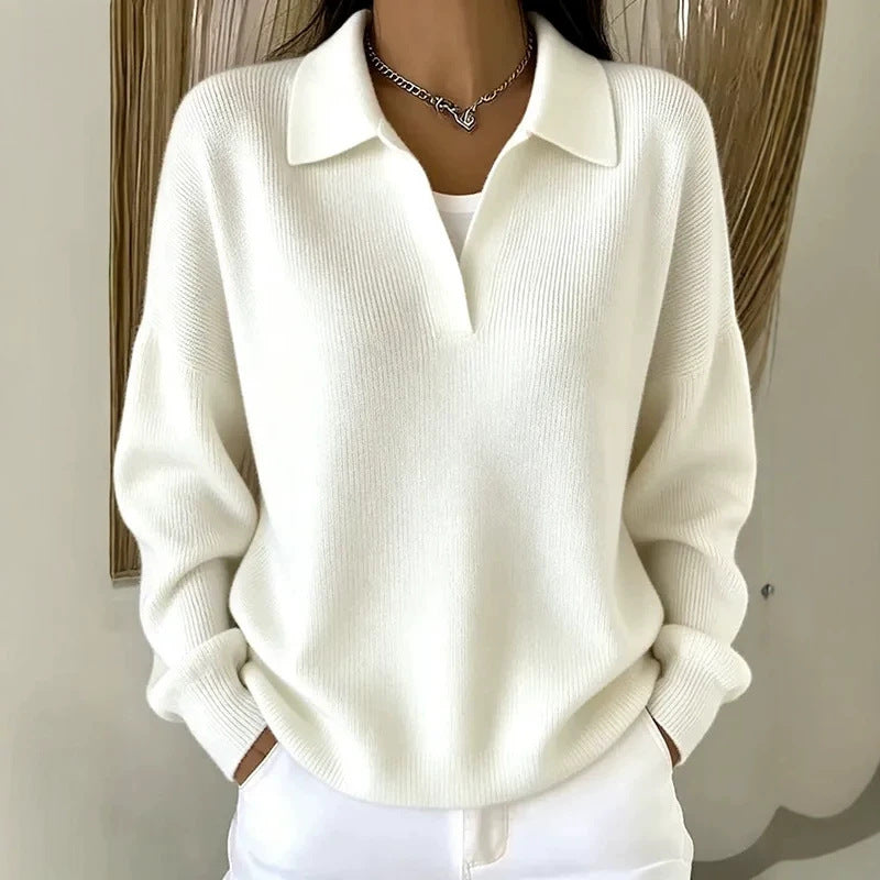 Turn-down Ribbed Knit Sweater Loose-fitting Figure-flattering Casual V-neck Pullover