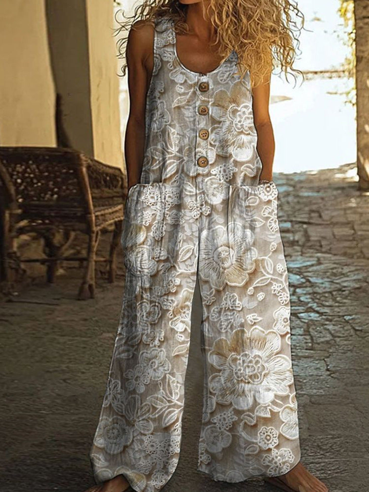 Women's Floral Sleeveless Pocket Jumpsuit