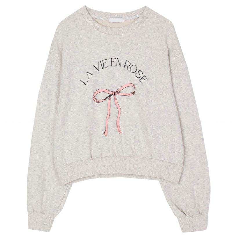 Chic Bowknot Print Loose Cotton Sweatshirt for Women