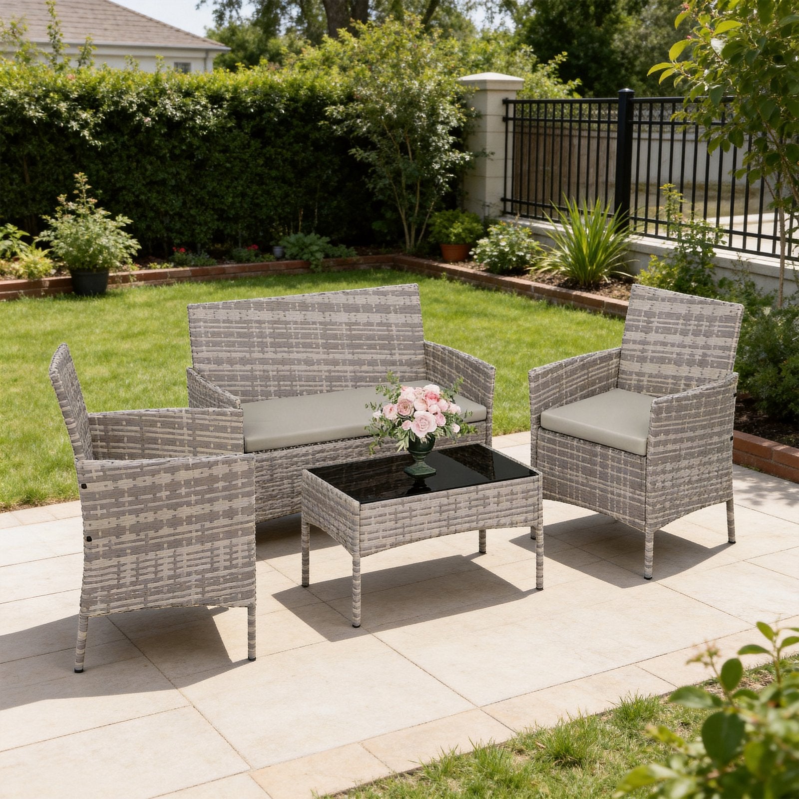 [Outdoor Patio Set] 4pcs Outdoor Patio Bistro Set, Wicker Rattan Furniture With Loveseat, 2 Chairs & Glass Coffee Table, Cushioned Seats For Backyard, Garden, Porch, Balcony & Poolside