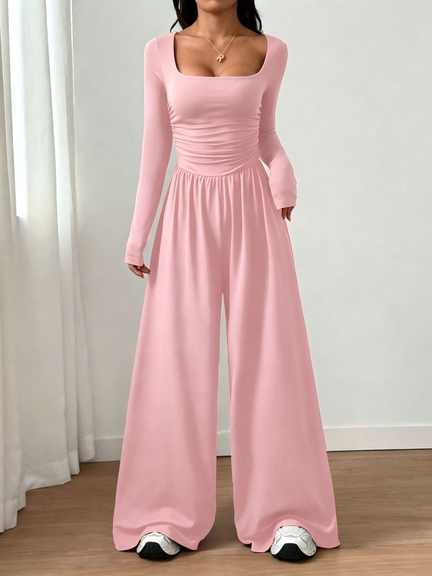 2026 Spring Fall Women's Casual Solid Color Square Neck Long Sleeve A-Line Jumpsuit Pleating Wide Leg Loose Mopping Jumpsuit