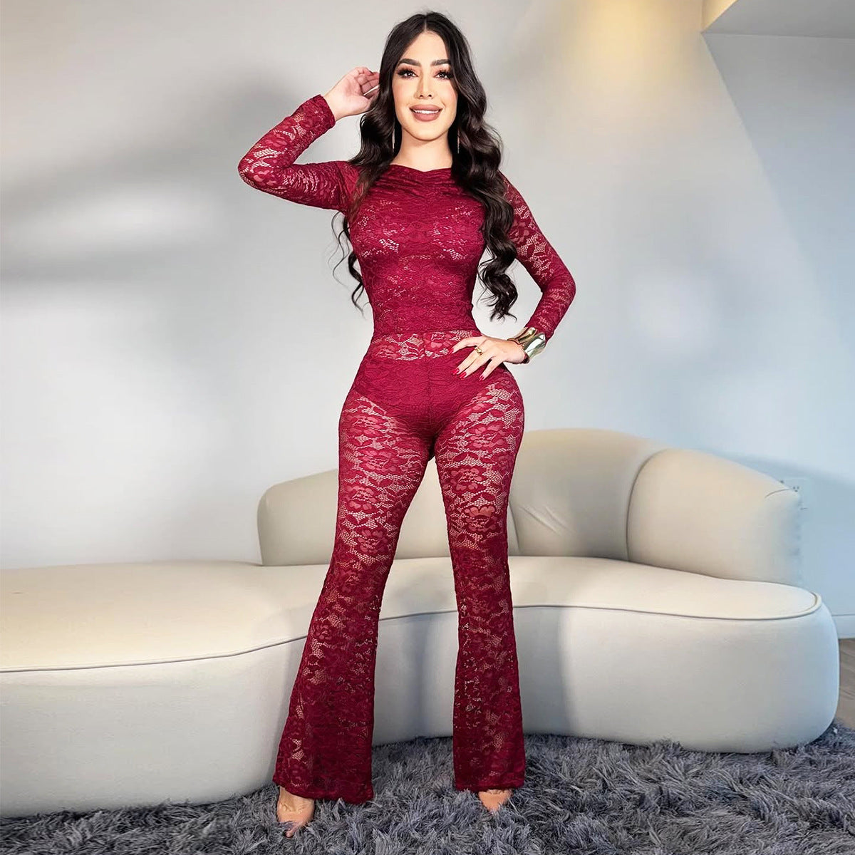 Women's Sheer Lace Backless Bodycon Jumpsuit