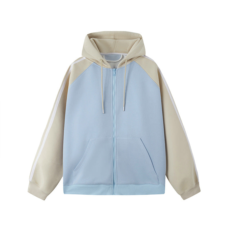 Retro Contrast Color Hooded Zip Sweatshirt