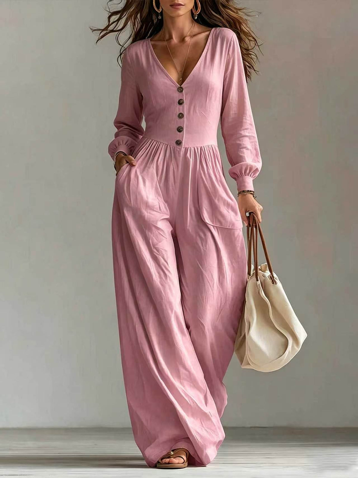 New Autumnwinter Casual Chic Womens V-neck Long-sleeve Jumpsuit With Pockets