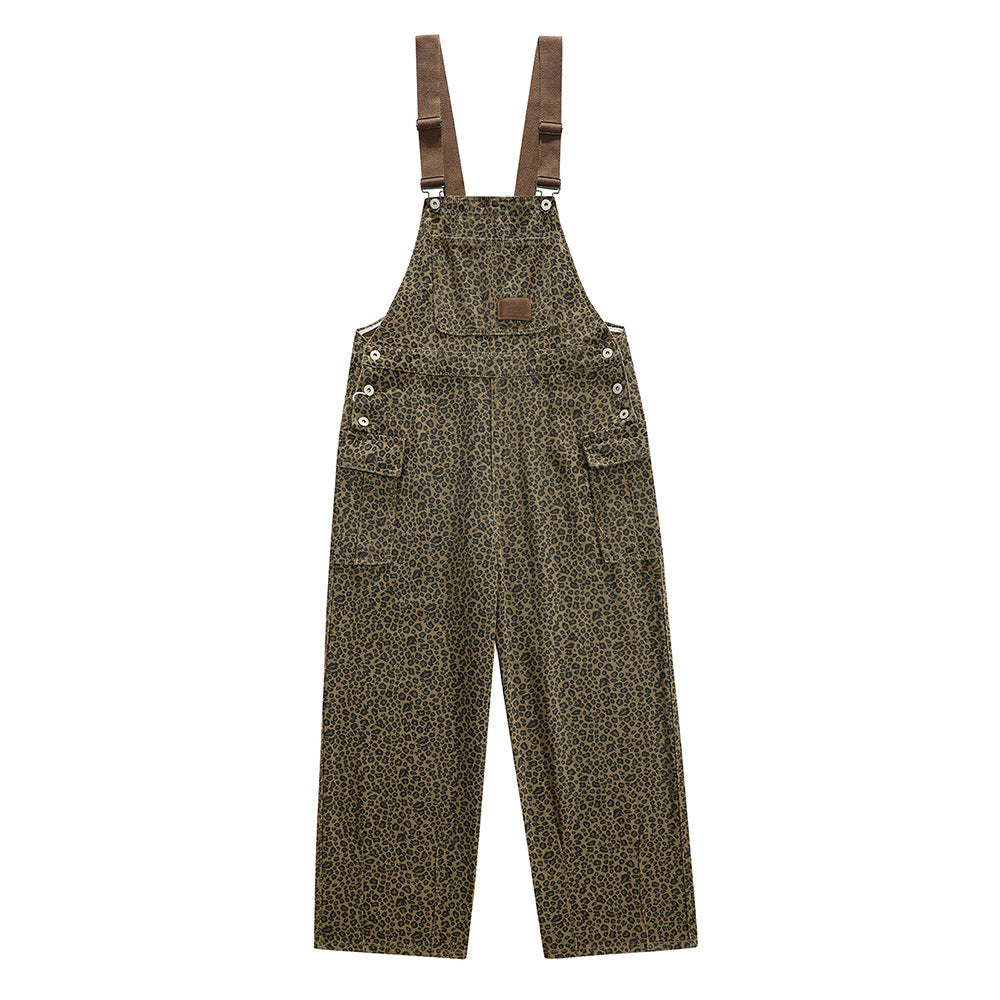 Men's High Street Leopard Print Denim Suspender Pants