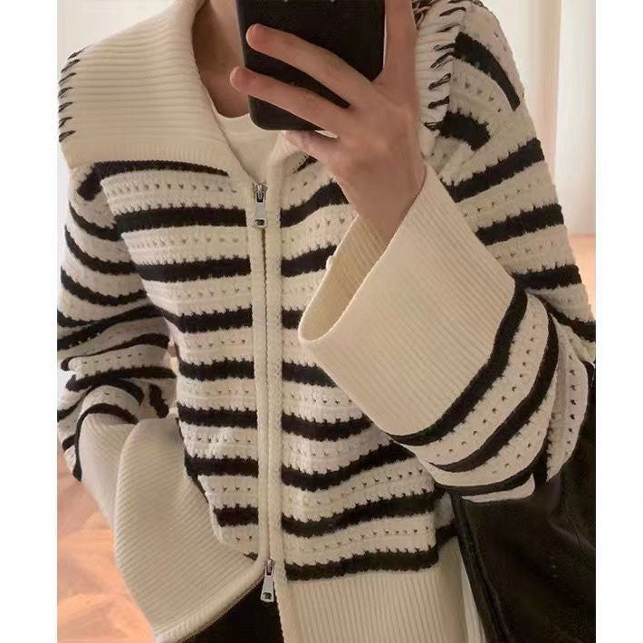 Chic Striped Knit Cardigan Sweater