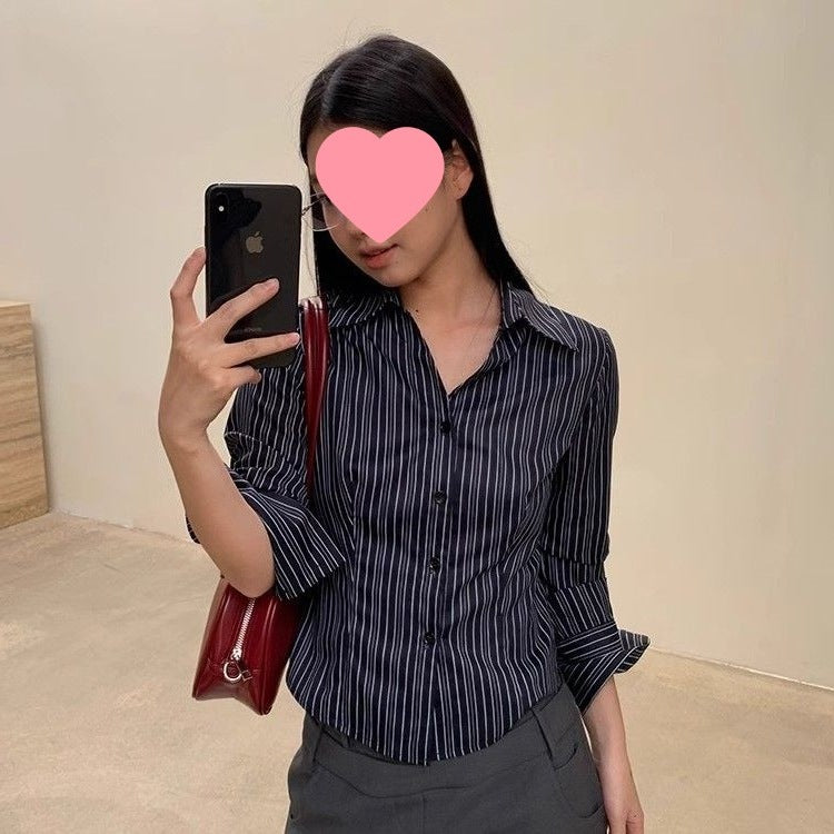 Chic French-style Striped Long-sleeve Shirt With A Spicy Fashionable Vibe